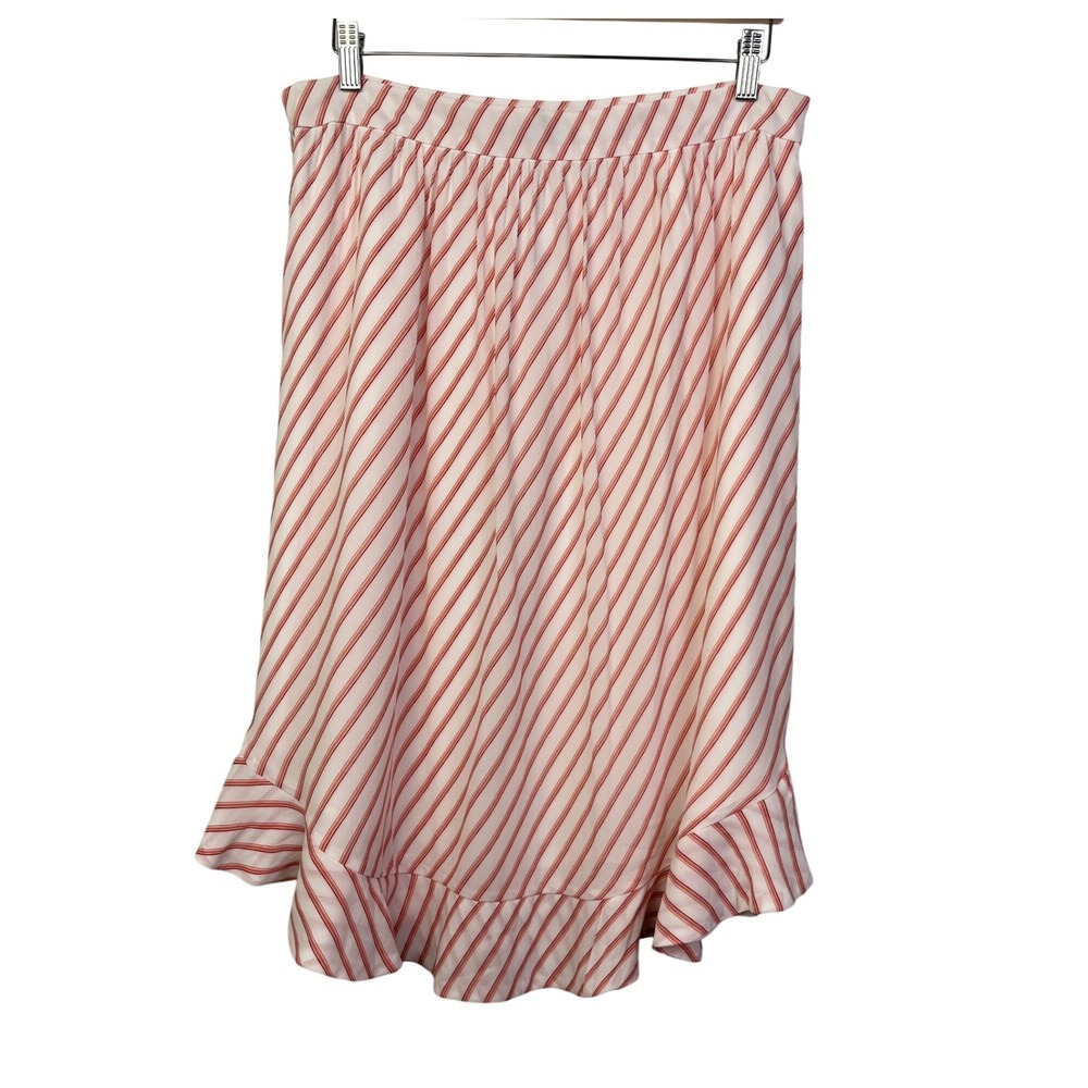 LOFT Women's Ruffle‎ Hem Midi Girly Skirt Pink White Striped Pleated Size 12 New - Picture 2 of 8